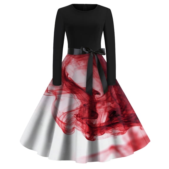 WTOBBY Women's Stylish Round Neck Casual Slim Fit Halloween Printed Swing Dress with Long Sleeves, Flared Hem, and Retro Design for Party Fashion ,White S