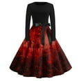 thumbnail image 1 of WTOBBY Women's Stylish Round Neck Casual Slim Fit Halloween Printed Swing Dress with Long Sleeves, Flared Hem, and Retro Design for Party Fashion ,Wine S, 1 of 3