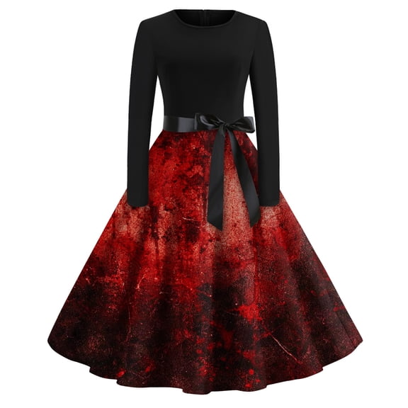 WTOBBY Women's Stylish Round Neck Casual Slim Fit Halloween Printed Swing Dress with Long Sleeves, Flared Hem, and Retro Design for Party Fashion ,Wine S