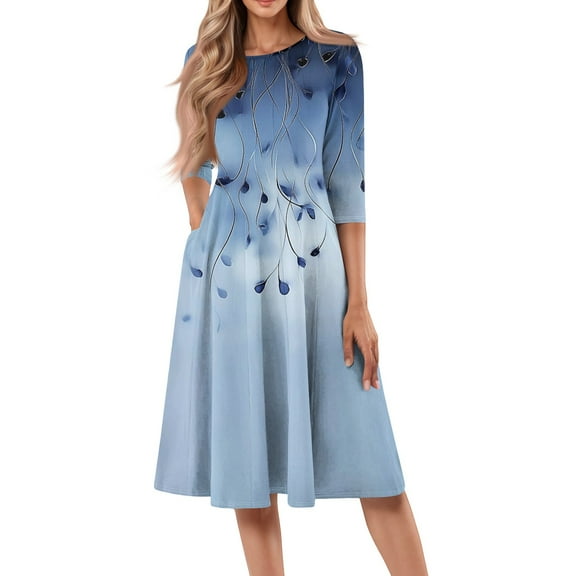 WTOBBY Women's Stylish Round Neck Floral Print 3/4 Sleeve Midi Dress, Modern Digital Pattern Dress with Casual Elegance for Everyday Wear,Royal Blue S