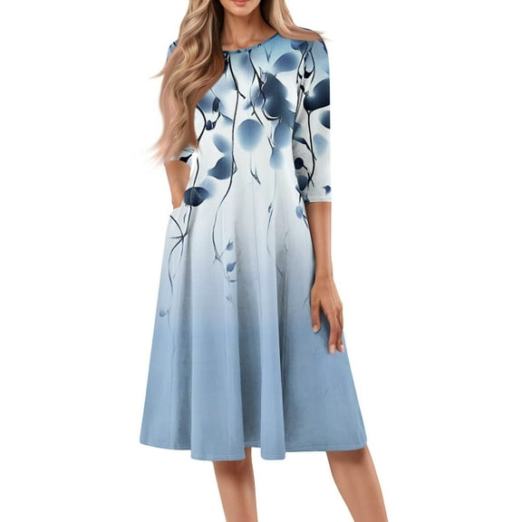 WTOBBY Women's Stylish Round Neck Floral Print 3/4 Sleeve Midi Dress, Modern Digital Pattern Dress with Casual Elegance for Everyday Wear,Blue S