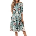 thumbnail image 1 of WTOBBY Women's Stylish Round Neck Floral Print 3/4 Sleeve Midi Dress, Modern Digital Pattern Dress with Casual Elegance for Everyday Wear,Cyan L, 1 of 4