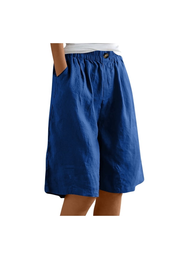 Women's Stylish Solid Color Button-Up Bermuda Shorts with Pockets, Loose-Fit Elastic Waist Cotton Linen Design for Warm Weather,Blue M