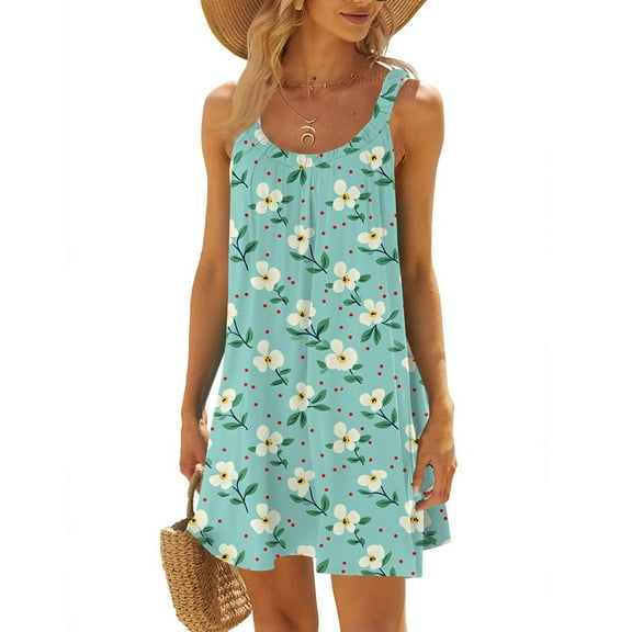 WTOBBY Women's Summer Beach Floral Print Sleeveless Scoop Neck Sun Dress with Adjustable Straps,Green L