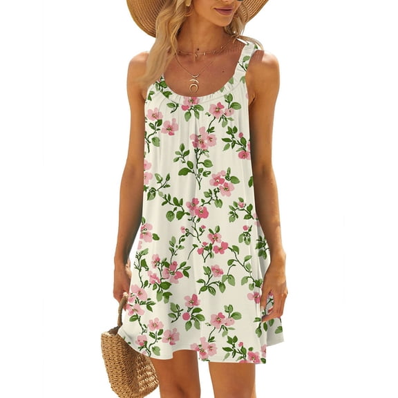 WTOBBY Women's Summer Beach Floral Print Sleeveless Scoop Neck Sun Dress with Adjustable Straps,Purple Pink S