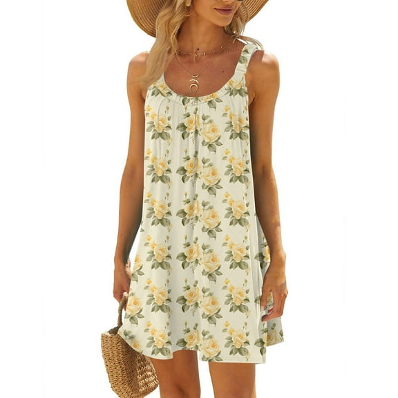 WTOBBY Women's Summer Beach Floral Print Sleeveless Scoop Neck Sun Dress with Adjustable Straps,Yellow 2XL