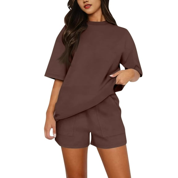WTOBBY Women's Summer Beach Set, Loose Round Neck Vest Top & Elastic Waist Shorts, Breathable Casual Outfit for Vacation,Brown 2XL