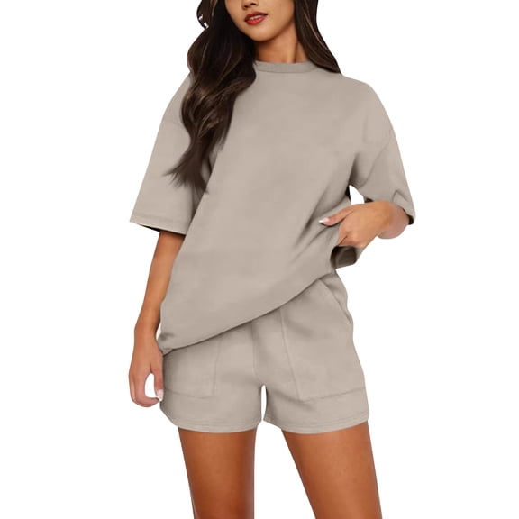 WTOBBY Women's Summer Beach Set, Loose Round Neck Vest Top & Elastic Waist Shorts, Breathable Casual Outfit for Vacation,Khaki L