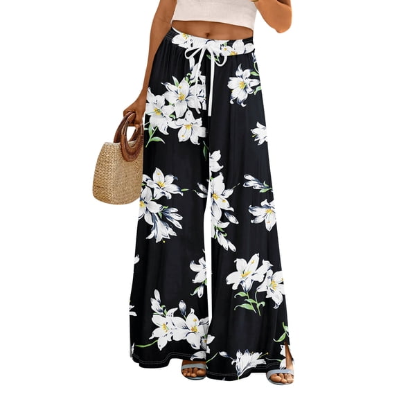 WTOBBY Women's Summer Boho Floral Print Wide Leg Palazzo Pants Featuring High Waist Elastic Drawstring and Pockets for Comfortable Lightweight Style ,Black S