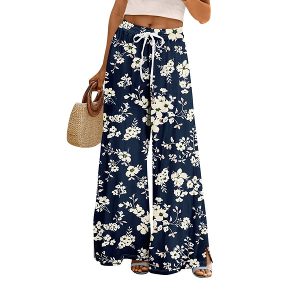 WTOBBY Women's Summer Boho Floral Print Wide Leg Palazzo Pants Featuring High Waist Elastic Drawstring and Pockets for Comfortable Lightweight Style ,Dark Blue S