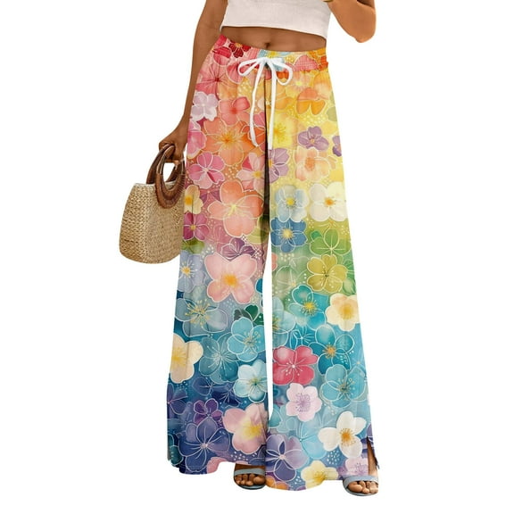 WTOBBY Women's Summer Boho Floral Print Wide Leg Palazzo Pants Featuring High Waist Elastic Drawstring and Pockets for Comfortable Lightweight Style ,Yellow S