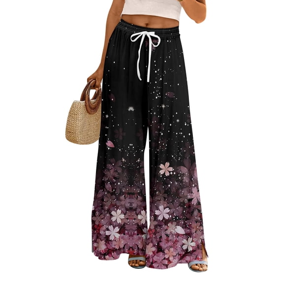 WTOBBY Women's Summer Boho Floral Print Wide Leg Palazzo Pants with High Waist Elastic Drawstring and Side Pockets for Comfortable Everyday Use ,Black L