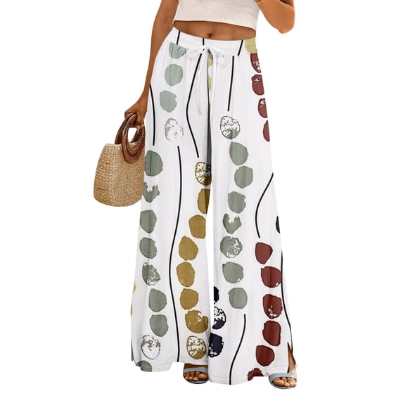 WTOBBY Women's Summer Boho Floral Print Wide Leg Palazzo Pants with High Waist Elastic Drawstring and Side Pockets for Comfortable Everyday Use ,White M