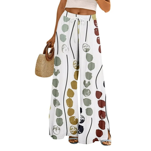 WTOBBY Women's Summer Boho Floral Print Wide Leg Palazzo Pants with High Waist Elastic Drawstring and Side Pockets for Comfortable Everyday Use ,White S
