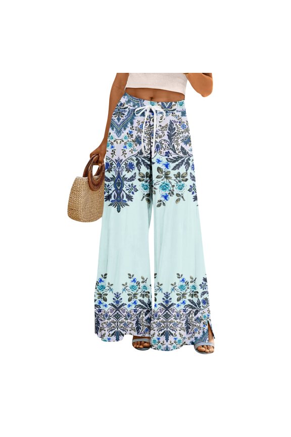 Women's Summer Boho Floral Print Wide Leg Palazzo Pants with High Waist Elastic Drawstring and Functional Pockets for Casual Outfits ,Cyan XL