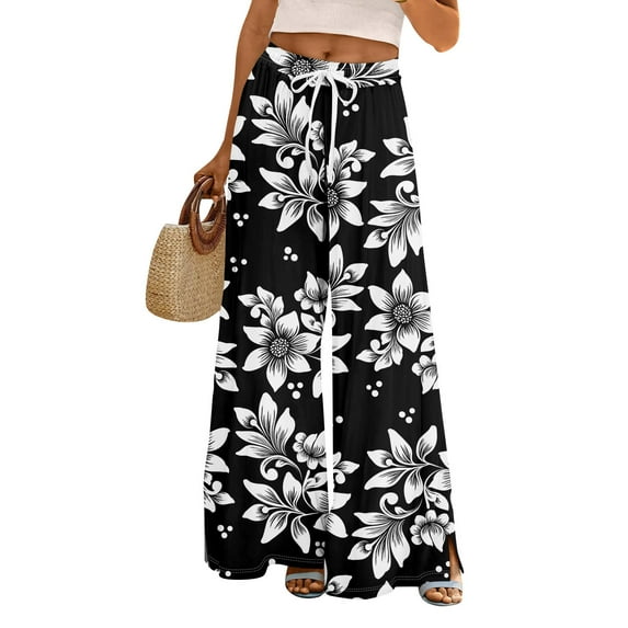 WTOBBY Women's Summer Boho Palazzo Wide Leg Pants with Floral Printing High Waist Elastic Drawstring and Functional Pockets for Casual Comfort ,Black L