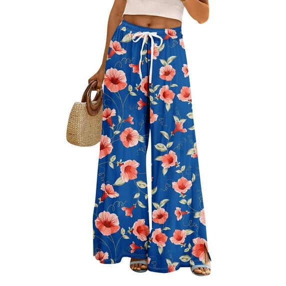WTOBBY Women's Summer Boho Palazzo Wide Leg Pants with Floral Printing High Waist Elastic Drawstring and Functional Pockets for Casual Comfort ,Dark Blue S