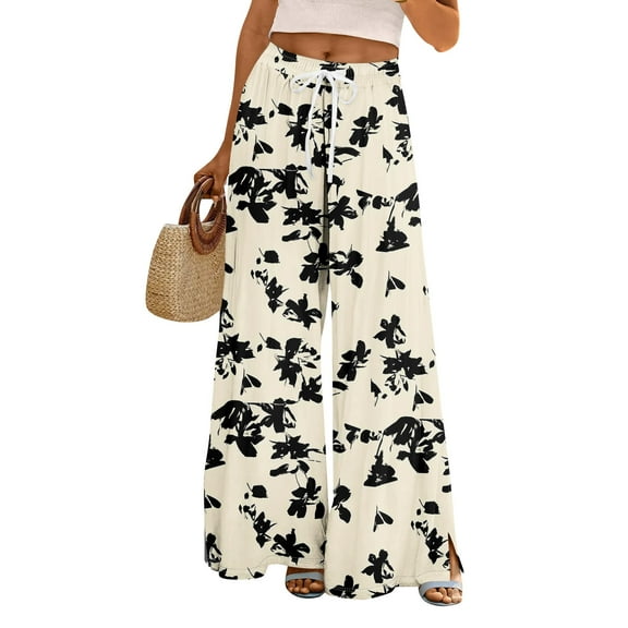 WTOBBY Women's Summer Boho Palazzo Wide Leg Pants with Floral Printing High Waist Elastic Drawstring and Functional Pockets for Casual Comfort ,Khaki S