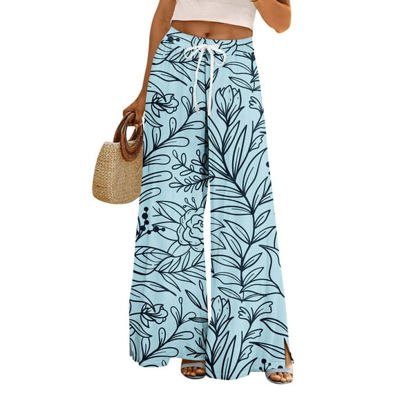 WTOBBY Women's Summer Boho Palazzo Wide Leg Pants with Floral Printing High Waist Elastic Drawstring and Functional Pockets for Casual Comfort ,Light Blue S