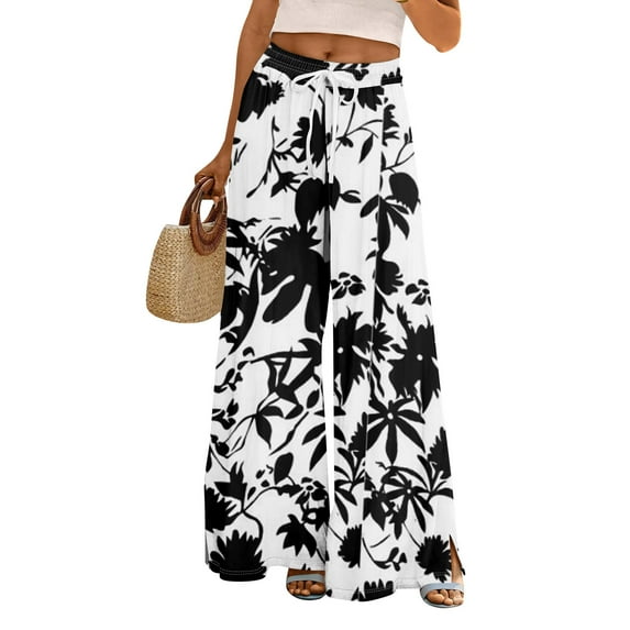 WTOBBY Women's Summer Boho Palazzo Wide Leg Pants with Floral Printing High Waist Elastic Drawstring and Functional Pockets for Casual Comfort ,White 2XL