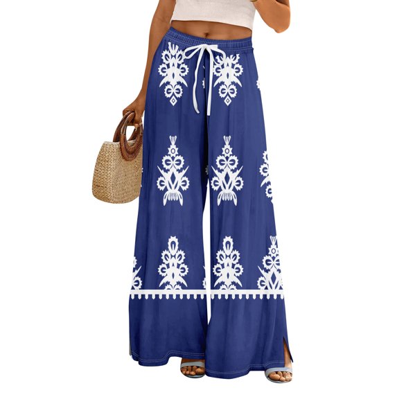 WTOBBY Women's Summer Boho Palazzo Wide Leg Pants with Geometric Print High Waist Elastic Drawstring and Side Pockets for Fashionable Comfort ,Dark Blue S