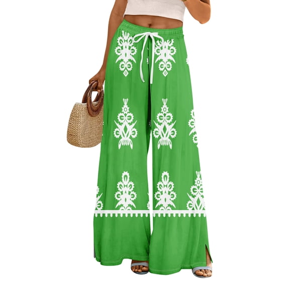 WTOBBY Women's Summer Boho Palazzo Wide Leg Pants with Geometric Print High Waist Elastic Drawstring and Side Pockets for Fashionable Comfort ,Green XL