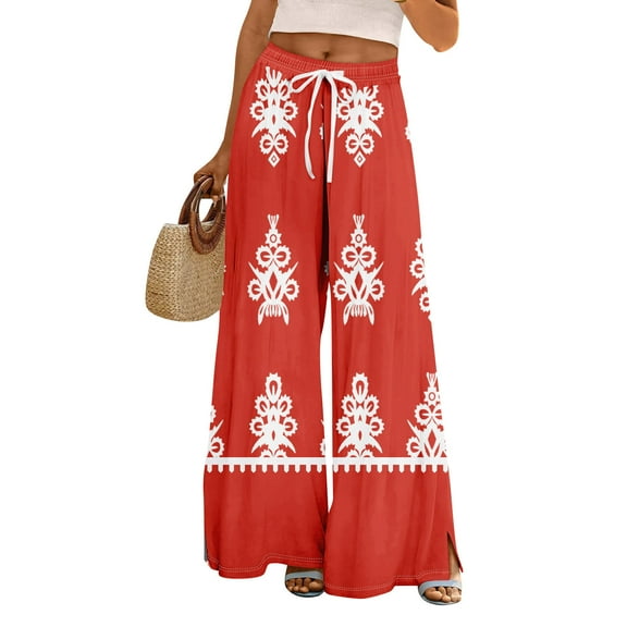 WTOBBY Women's Summer Boho Palazzo Wide Leg Pants with Geometric Print High Waist Elastic Drawstring and Side Pockets for Fashionable Comfort ,Watermelon Red 2XL
