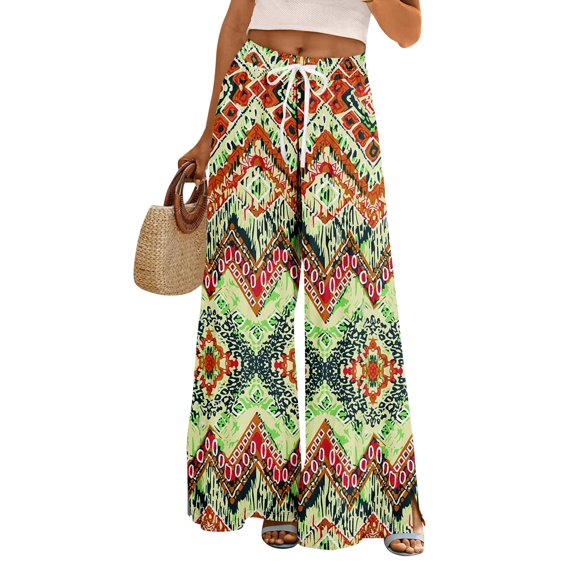 WTOBBY Women's Summer Boho Palazzo Wide Leg Pants with Retro Print High Waist Elastic Drawstring and Functional Pockets for Vintage Casual Style ,Light Green M
