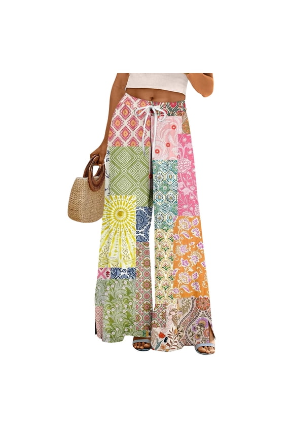 Women's Summer Boho Palazzo Wide Leg Pants with Retro Print High Waist Elastic Drawstring and Functional Pockets for Vintage Casual Style ,Mint Green XL