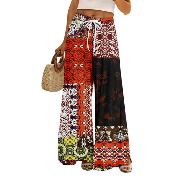 WTOBBY Women's Summer Boho Palazzo Wide Leg Pants with Retro Print High Waist Elastic Drawstring and Functional Pockets for Vintage Casual Style ,Vermilion XL