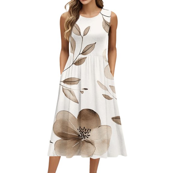 WTOBBY Women's Summer Casual Beach Dress with Short Sleeve Striped Geometric Print,Round-Neck Design for Pods Style, Comfortable and Airy Flowy Dress for Vacation and Outdoor Activities,Khaki S