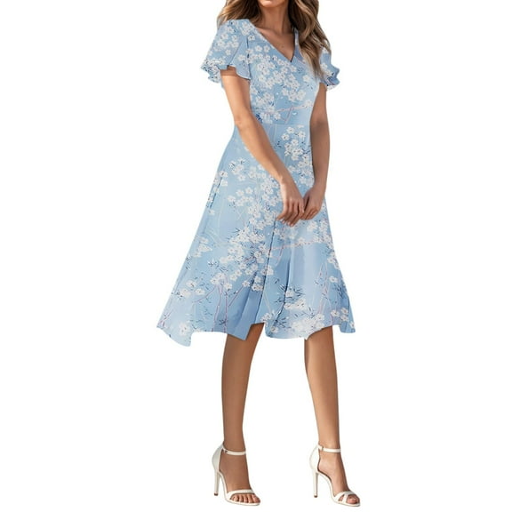 WTOBBY Women's Summer Casual Fashion Floral Print Dresses V-Neck Short Sleeve Design, Fresh and Stylish for Warm Weather Outings,Blue XL