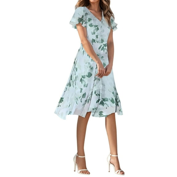 WTOBBY Women's Summer Casual Fashion Floral Print Dresses V-Neck Short Sleeve Design, Fresh and Stylish for Warm Weather Outings,Sky Blue L