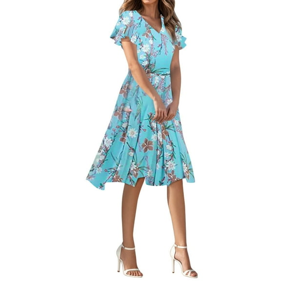 WTOBBY Women's Summer Casual Fashion Floral Print Dresses V-Neck Short Sleeve Design, Fresh and Stylish for Warm Weather Outings,Turquoise 2XL