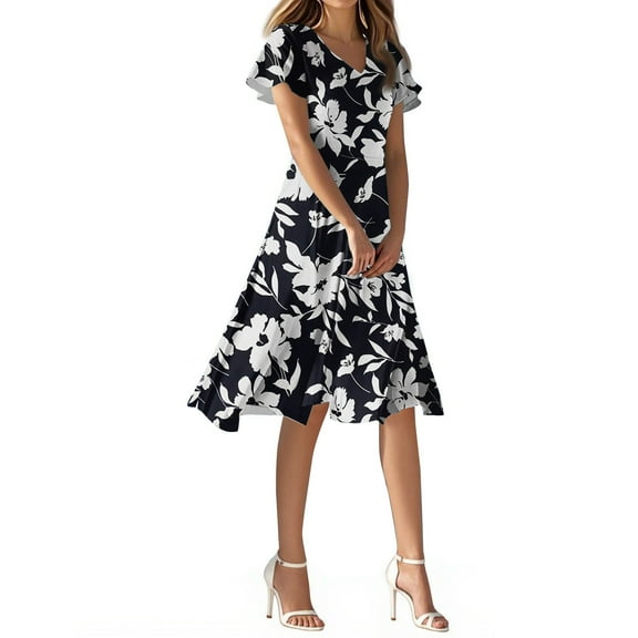 WTOBBY Women's Summer Casual Fashion Flower Print Dress V Neck Short Sleeve Short Skirt, Playful and Cute for Warm Weather Outings,Black 2XL