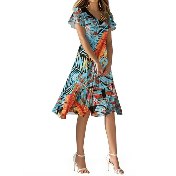 WTOBBY Women's Summer Casual Fashion Flower Print Dress V Neck Short Sleeve Short Skirt, Playful and Cute for Warm Weather Outings,Light Blue 2XL