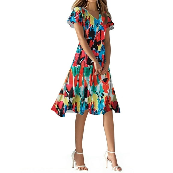 WTOBBY Women's Summer Casual Fashion Flower Print Dress V Neck Short Sleeve Short Skirt, Playful and Cute for Warm Weather Outings,Red 2XL