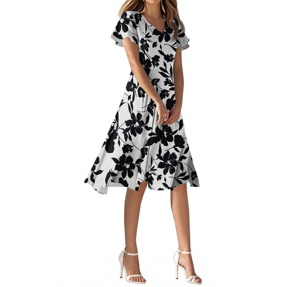 WTOBBY Women's Summer Casual Fashion Flower Print Dress V Neck Short Sleeve Short Skirt, Playful and Cute for Warm Weather Outings,White XL