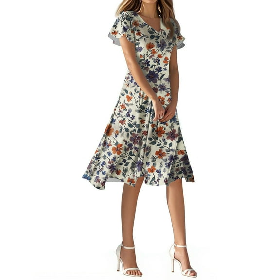 WTOBBY Women's Summer Casual Fashion Flower Print Dress V Neck Short Sleeve Short Skirt, Playful and Cute for Warm Weather Outings,Yellow L