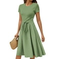 thumbnail image 1 of WTOBBY Women's Summer Casual Floral Print Belted Dress Short Sleeve Round Neck Elegant Office Wear,Light Green XL, 1 of 4