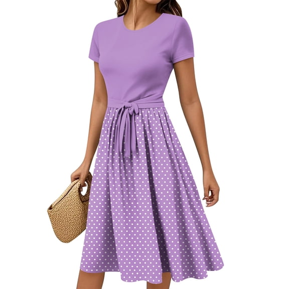 WTOBBY Women's Summer Casual Floral Print Belted Dress Short Sleeve Round Neck Elegant Office Wear,Light Purple L