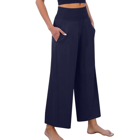 WTOBBY Women's Summer Casual Flowing Wide Leg Ankle Pants, Lightweight and Comfortable for Stylish Wear, Loose Fit with Airy Fabric,Navy 2XL