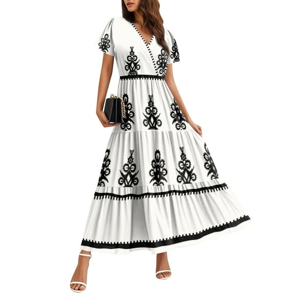 WTOBBY Women's Summer Casual Flowy Short Sleeve Bohemian Floral Print Maxi Dress for Beach Vacation Formal Evening Party Guest Wedding Long Dress with Lightweight Chiffon Fabric,White L