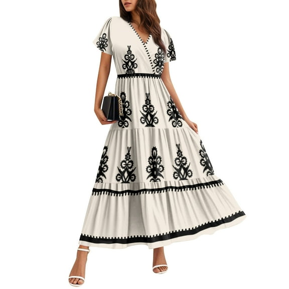 WTOBBY Women's Summer Casual Flowy Short Sleeve Bohemian Floral Print Maxi Dress for Beach Vacation Formal Evening Party Guest Wedding Long Dress with Lightweight Chiffon Fabric,Beige M