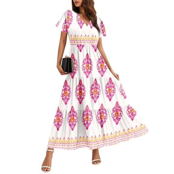 WTOBBY Women's Summer Casual Flowy Short Sleeve Bohemian Floral Print Maxi Dress for Beach Vacation Formal Evening Party Guest Wedding Long Dress with Lightweight Chiffon Fabric,Pink S