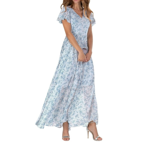 WTOBBY Women's Summer Casual Short Sleeve Maxi Dresses Cute Floral Chiffon Flowing Wedding Guest Dresses with V-Neck and Waist Tie,Sky Blue XL