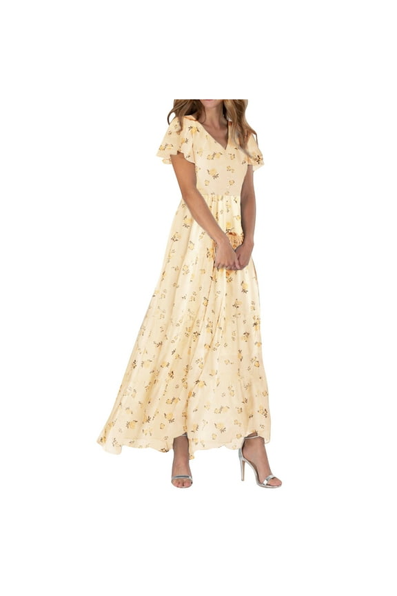 Women's Summer Casual Short Sleeve Maxi Dresses Cute Floral Chiffon Flowing Wedding Guest Dresses with V-Neck and Waist Tie,Yellow M