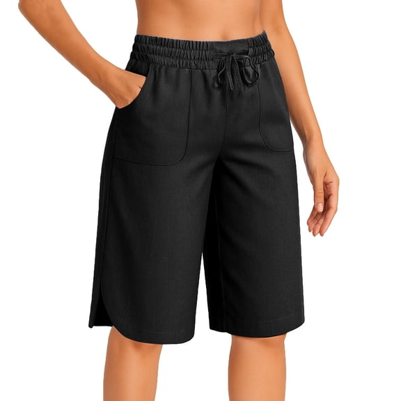 WTOBBY Women's Summer Casual Solid Color Cotton-Like Elastic Waist Culottes Bermuda Shorts with Pockets, Loose-Fit Design for Warm Weather Comfort and Fashionable Style,Black XL