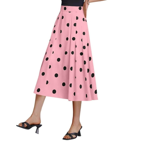 WTOBBY Women's Summer Casual Vintage Polka Dot Midi Skirt with Concealed Pockets, Flowy A-Line Large Swing Beach Skirt Drape Design for Retro Styling,Pink L