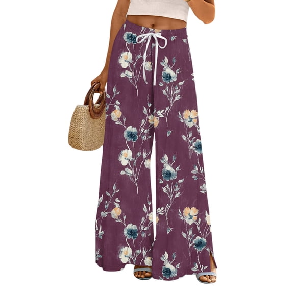 WTOBBY Women's Summer Casual Wide Leg Pants with Adjustable Tie Stretch Belt Floral Print Design and Side Pockets for Fashionable Comfort ,Dark Purple S